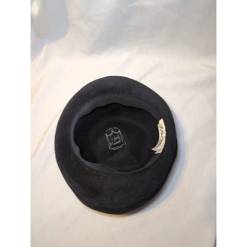 Vintage DOWA NY WOMEN'S Black Star HAT SOLEIL GLACE ITALY VELVET FAUX FUR 22.5